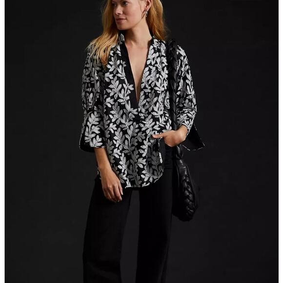 B18 Anthropologie Blouse Womens Small Boho Chic Coastal Grandmother Office Siren - Picture 1 of 8